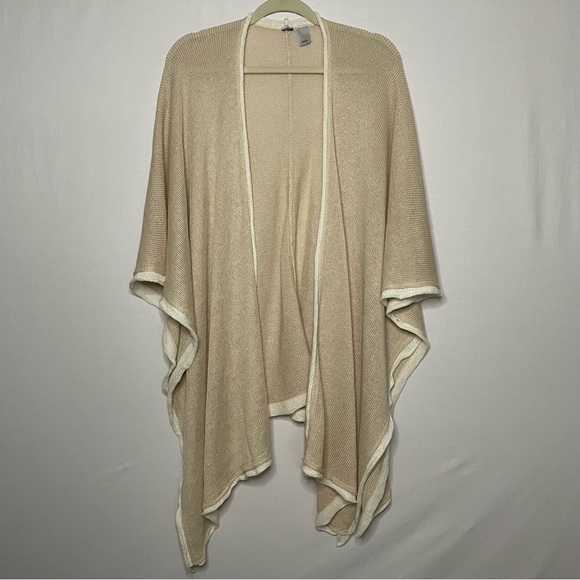 Chico's Linen Knit Contrast Trim Wrap Ruana Beachy Coastal One Size Beige Cream - Picture 5 of 12